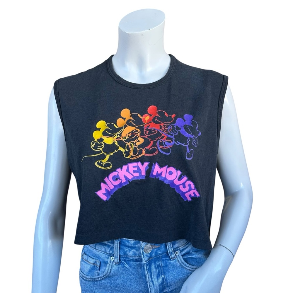 Vintage 80s Disney Rainbow Mickey Mouse Logo Black Boxy Crop Muscle Tee Large